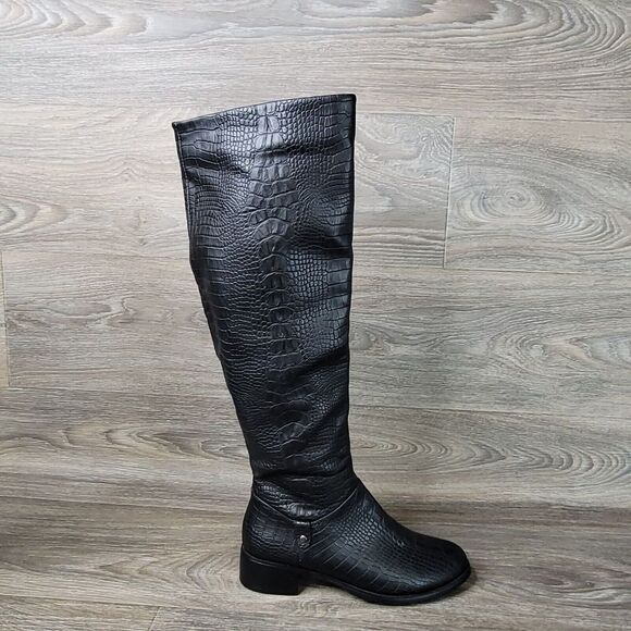 Nancy Li Boots Womens Size 7 Black Croc Embossed Knee High Fleece Lined‎ Riding - Picture 1 of 13
